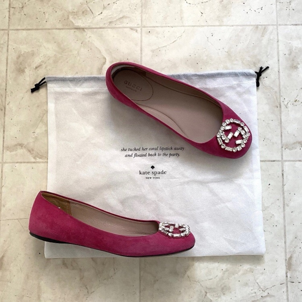 Gucci Interlocking G Fuchsia Pink Suede Crystal Embellished Ballet Flats Size 6
